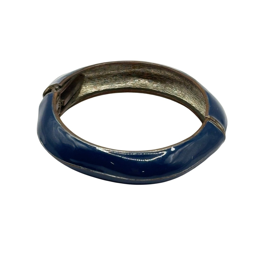 Vintage 80s Navy Blue Enamel Clamper Bracelet Chunky Hinged Bangle Silhouette